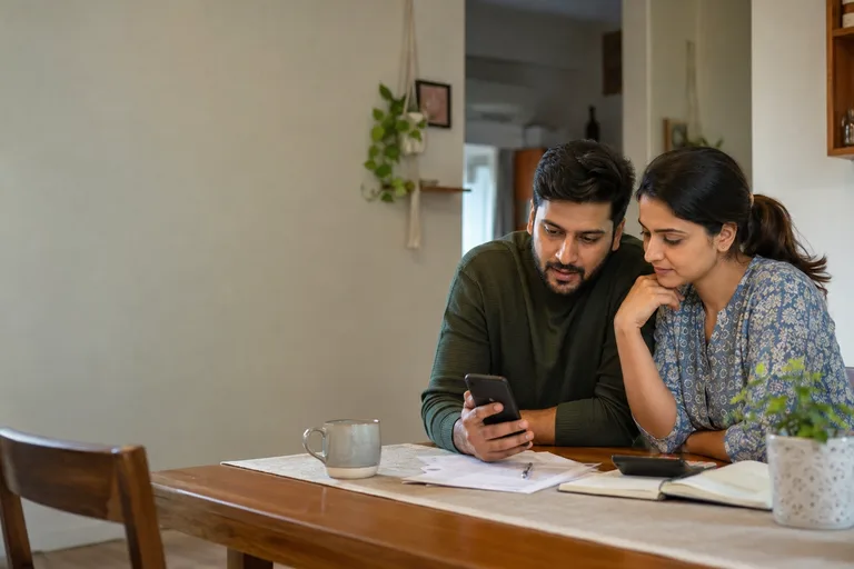 Indian couple comparing household finance options together on a phone