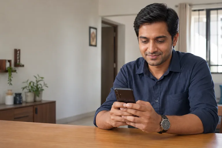 Indian professional checking loan comparison options on a phone at home