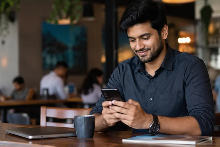 Young Indian professional using a phone in a modern cafe workspace